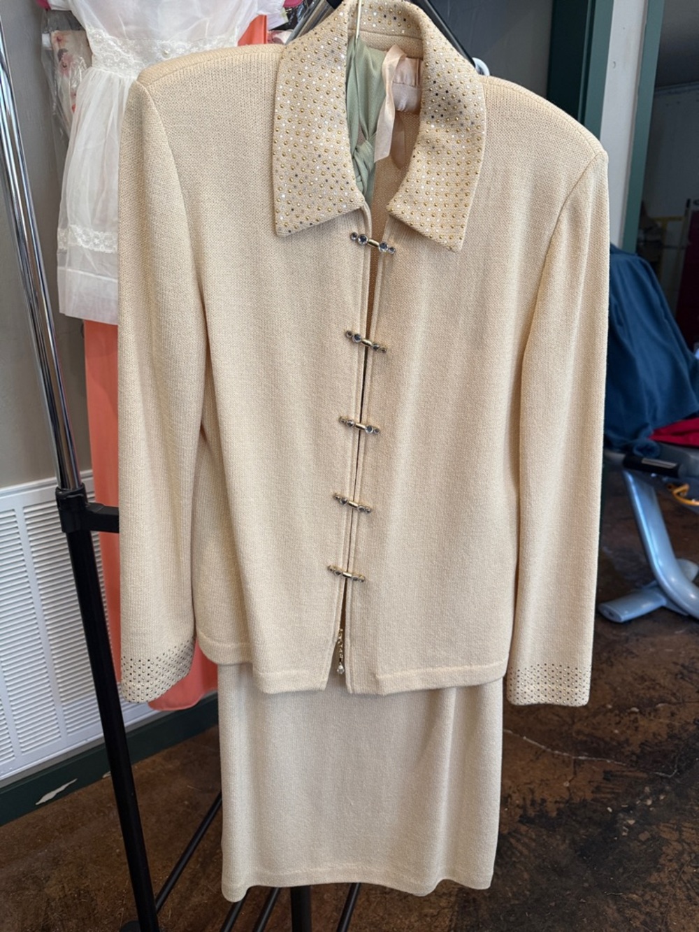 St. John Collection Cream Knit Skirt Suit with Rhinestone Trim